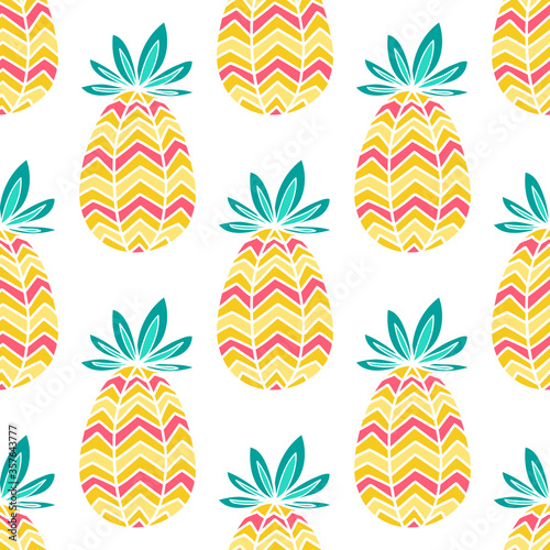 Vector seamless pattern with pineapples. Hand drawn fruits on white background. Illustration io flat style.