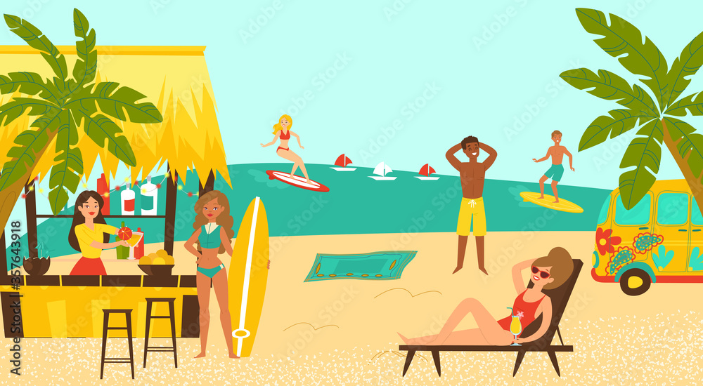 Beach party surf coastal, female male character surfing tropical seaside cartoon vector illustration. Beachfront cocktail bar, woman hold surfboard and girl rest sun lounger, hippie bus.