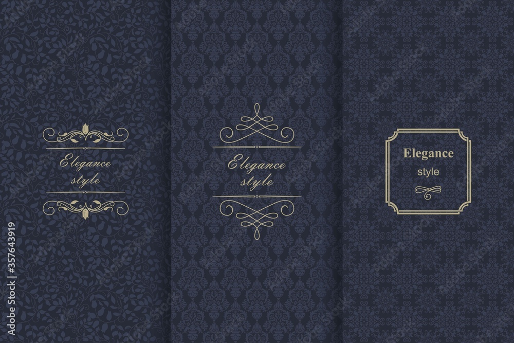 Fototapeta premium Set of Vintage seamless damask pattern. Template greeting card, invitation and advertising banner, brochure. Collection of design elements, labels, icon, frames for packaging, design of luxury product