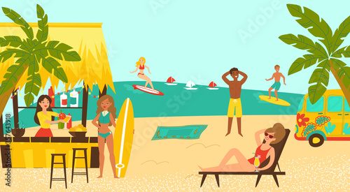Beach party surf coastal, female male character surfing tropical seaside cartoon vector illustration. Beachfront cocktail bar, woman hold surfboard and girl rest sun lounger, hippie bus.