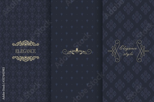 Set of Vintage seamless damask pattern. Template greeting card, invitation and advertising banner, brochure. Collection of design elements, labels, icon, frames for packaging, design of luxury product