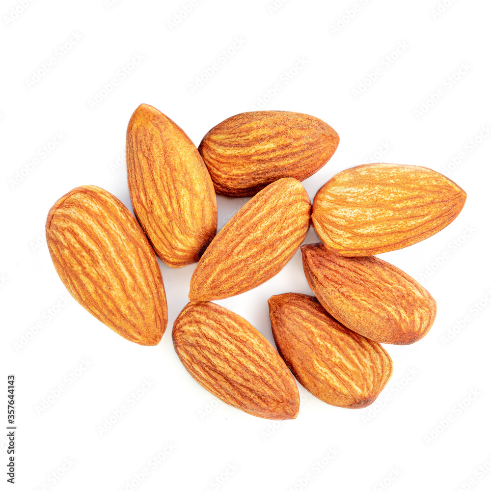 Almond Nuts. Closeup of almonds isolated on the white background. Top view Almond Nuts. Closeup of almonds isolated on the white background. Top view