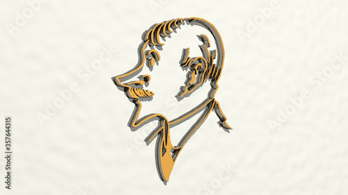 CLASSIC MAN PORTRAIT made by 3D illustration of a shiny metallic sculpture on a wall with light background photo