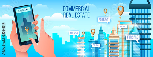 Commercial real estate banner in blue colors with hands, smartphone, buildings, skyscrapers, cityscape. Property searching app concept with urban landscape in flat style. Downtown office complex