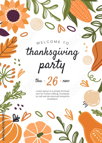 Thanksgiving party invitation for November 26th with text surrounded in a frame of seasonal autumn vegetables, colored vector illustration