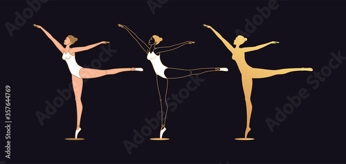 Golden ballerina woman in outline style. Set of silhouette, Ballet dancer