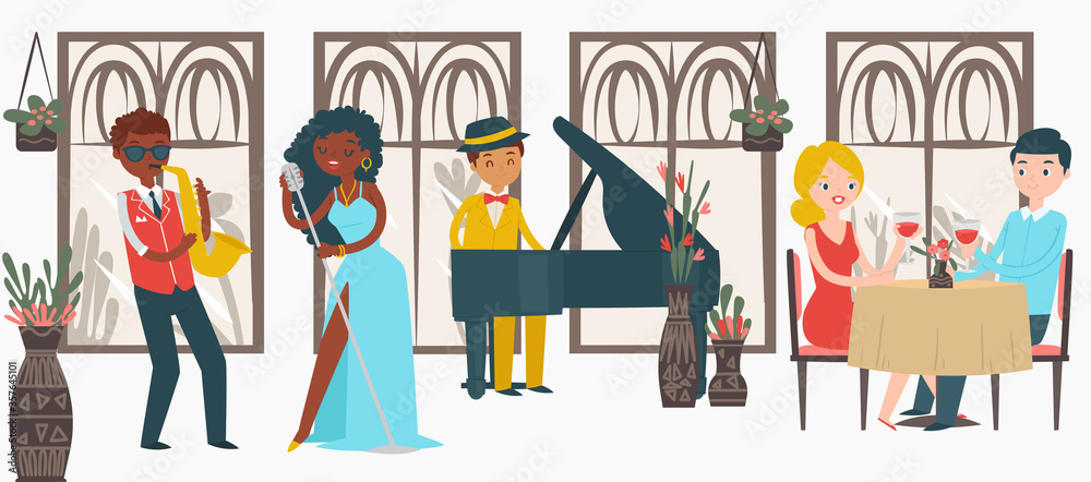 Lovely couple male female date jazz restaurant, character lover pair listening music isolated on white, flat vector illustration. Black people play jazz, woman sing, man trumpet and piano perform.