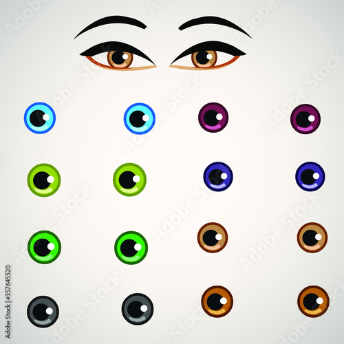 Fantasy eyes set - assorted colors. Iris pupils design. Color contact lenses eyes poster with female eyes vector .