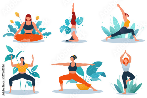 Young women doing yoga exercise against the background of exotic plants. Healthy and wellness lifestyle. Flat vector illustration