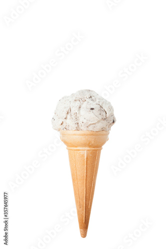 Cornet served with a scoops of ice cream; photo on white background.