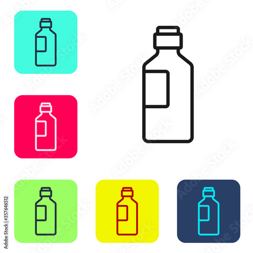 Black line Bottle of water icon isolated on white background. Soda aqua drink sign. Set icons in color square buttons. Vector Illustration.