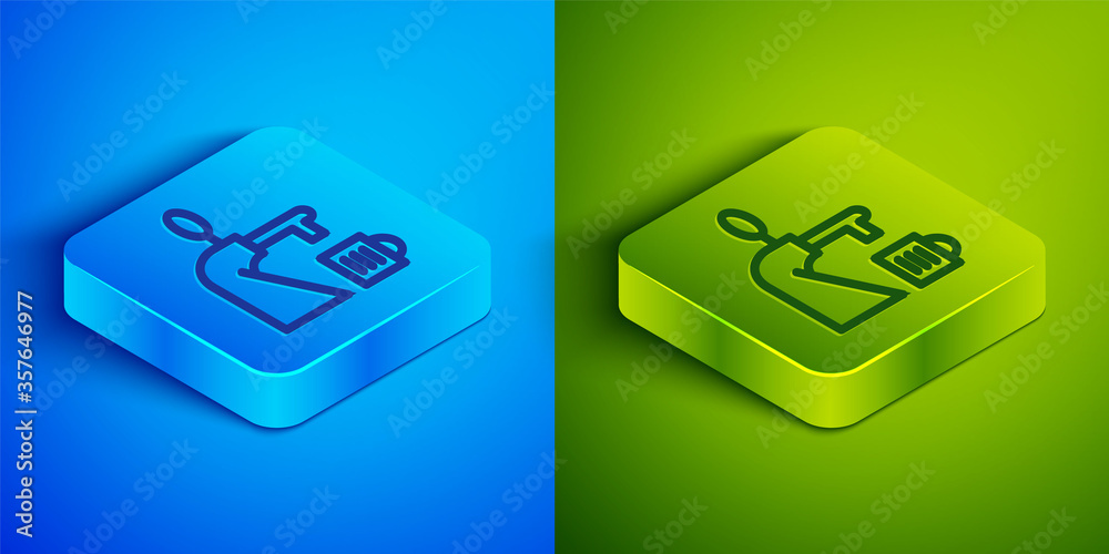 Isometric line Beer tap with glass icon isolated on blue and green background. Square button. Vector Illustration. Isometric line Beer tap with glass icon isolated on blue and green background. Square button. Vector Illustration.