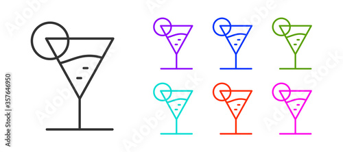 Black line Martini glass icon isolated on white background. Cocktail icon. Wine glass icon. Set icons colorful. Vector Illustration.