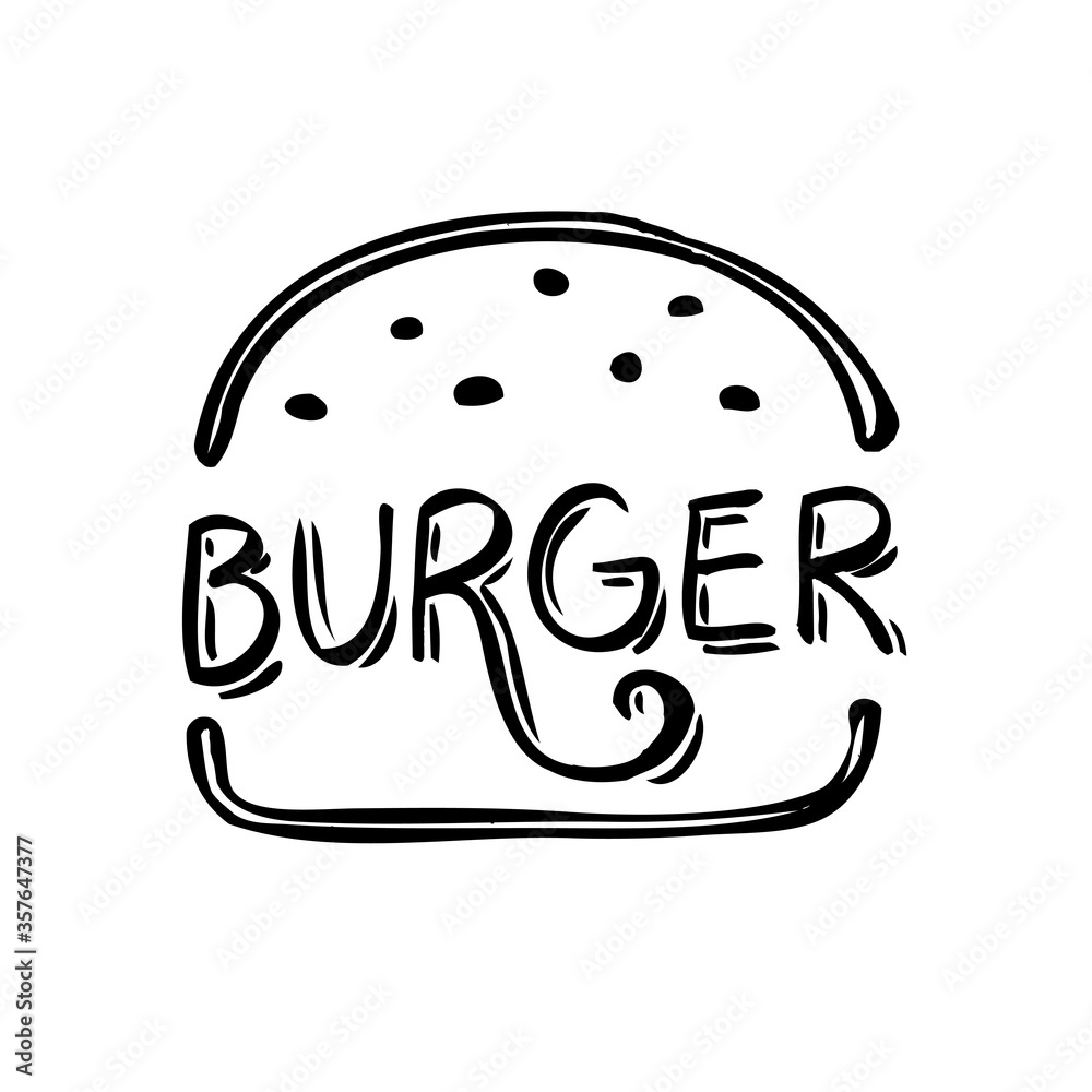 Black and white burger icon. Food vector illustration vintage design element. Hand drawn brush ink style. Vector fun hipster illustration. Design for your poster, banner, flyer, logo or label Black and white burger icon. Food vector illustration vintage design element. Hand drawn brush ink style. Vector fun hipster illustration. Design for your poster, banner, flyer, logo or label