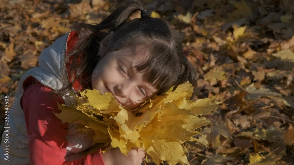 Portrait of a child with autumn leaves. Cute little girl with an armful of yellow autumn leaves. Portrait of a child with autumn leaves. Cute little girl with an armful of yellow autumn leaves.