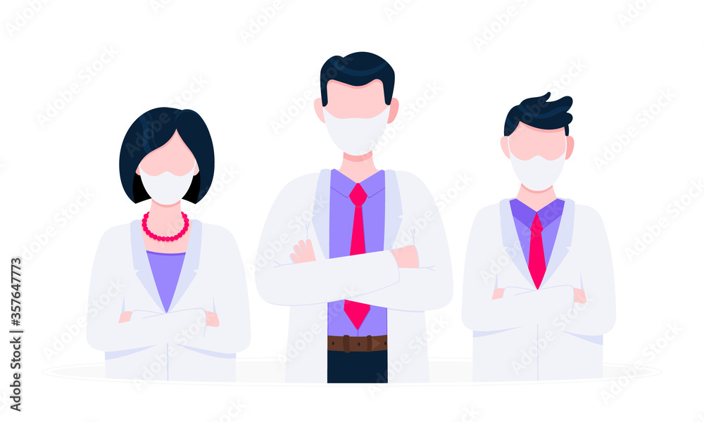 Successful team of medical employee doctors with face masks vector illustration isolated on white background. Three hospital or medic clinic staff doctors standing up with equipment. Successful team of medical employee doctors with face masks vector illustration isolated on white background. Three hospital or medic clinic staff doctors standing up with equipment.