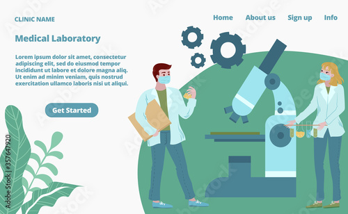 Laboratory diagnostic services, tiny character male female landing web page, concept banner website template cartoon vector illustration. Website page banner, scientific personnel look microscope.