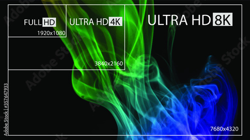 8K Ultra HD, 4K UHD, Quad HD, Full HD vector resolution presentation。 Set from 1080p to 8k.  8K UHD is the highest resolution defined in the Rec. 2020 standard. 
