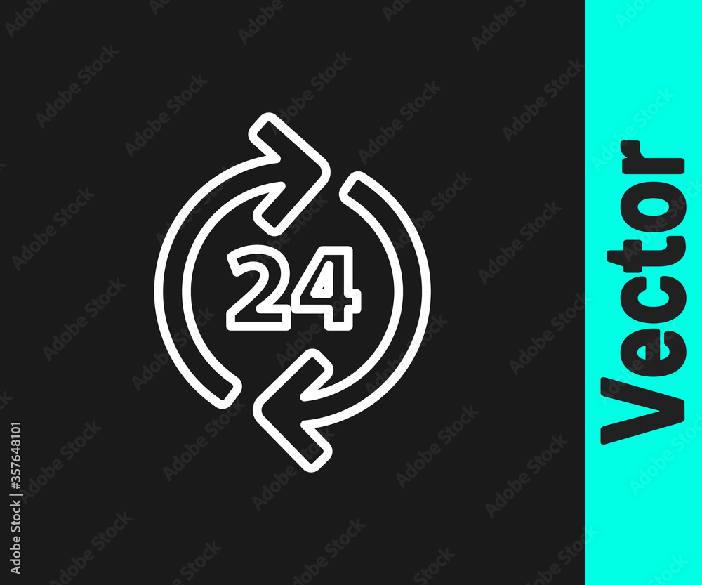 White line Telephone 24 hours support icon isolated on black background. All-day customer support call-center. Full time call services. Vector Illustration. White line Telephone 24 hours support icon isolated on black background. All-day customer support call-center. Full time call services. Vector Illustration.