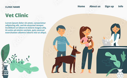 Veterinary clinic landing web page, concept banner website template cartoon vector illustration. Medical vet company website page, character person animal owner male female, medical pets nurse.