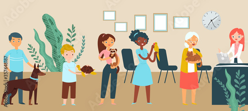 Queue veterinary medical clinic  character male female stand wait time reception flat vector illustration. People care domestic home animal therapeutic vet hospital people pending healer appointment.