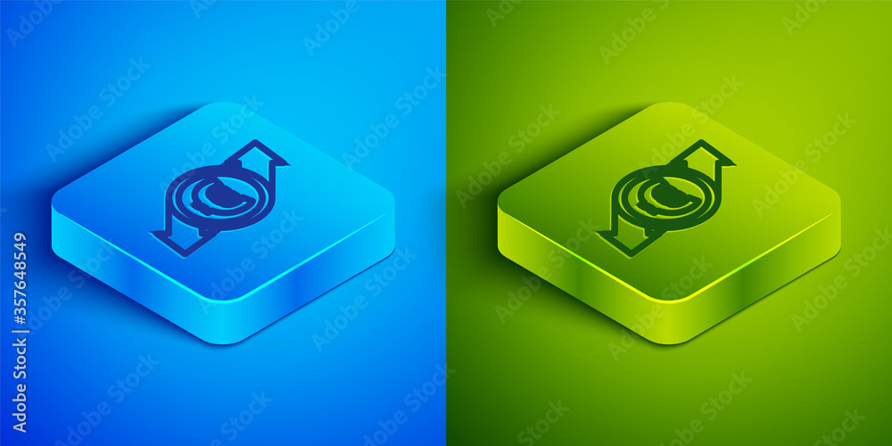 Isometric line Financial growth and euro coin icon isolated on blue and green background. Increasing revenue. Square button. Vector Illustration.