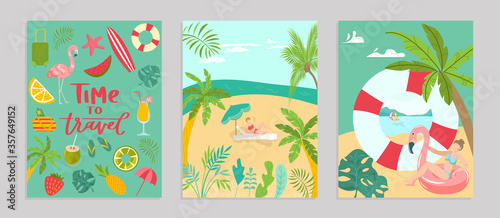 Templates summer travel set poster concept banner, pattern tropical hot relax flat vector illustration. Ocean rest seaside heavenly place, vacation hot country beach recreational activity.