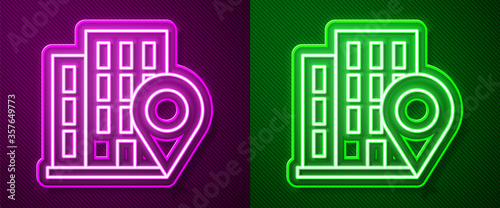 Glowing neon line Map pointer with house icon isolated on purple and green background. Home location marker symbol. Vector Illustration.