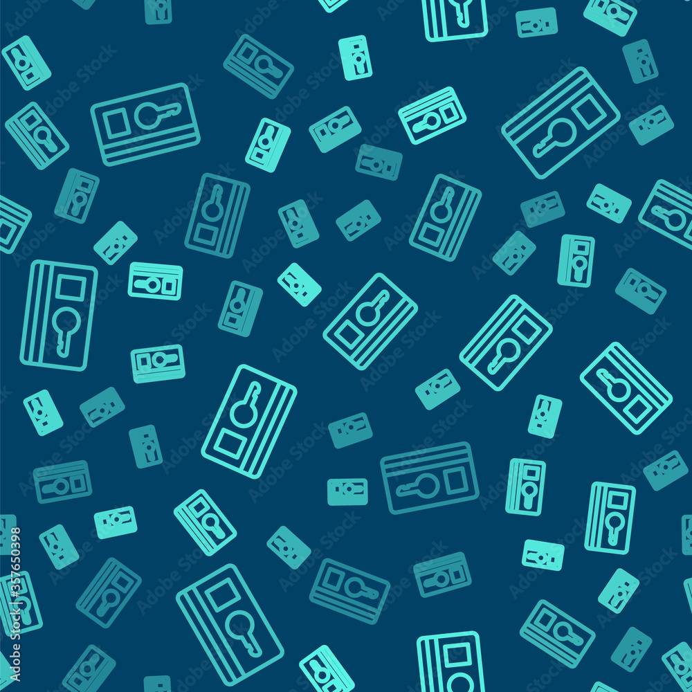 Green line Key card icon isolated seamless pattern on blue background. Vector Illustration. Green line Key card icon isolated seamless pattern on blue background. Vector Illustration.