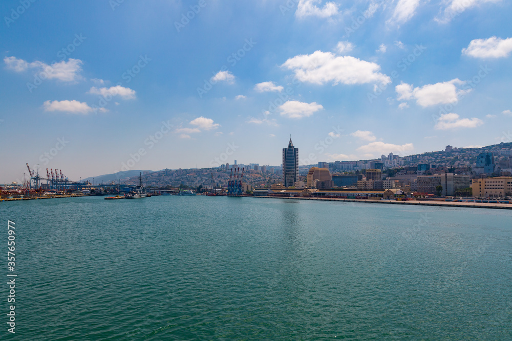 View of the port and the city of Haifa from the sea