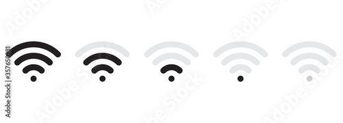 Wi-Fi connection icon set. Wireless signal indicator. Various indicators showing different signal strength. Classic rounded shape. Vector illustration of remote internet access.