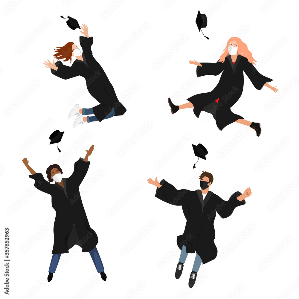 Seamless border with happy graduate students in medical masks. 2020 Grads jumping and throwing the mortarboard high into the air. Flat vector illustration pattern isolated on white
