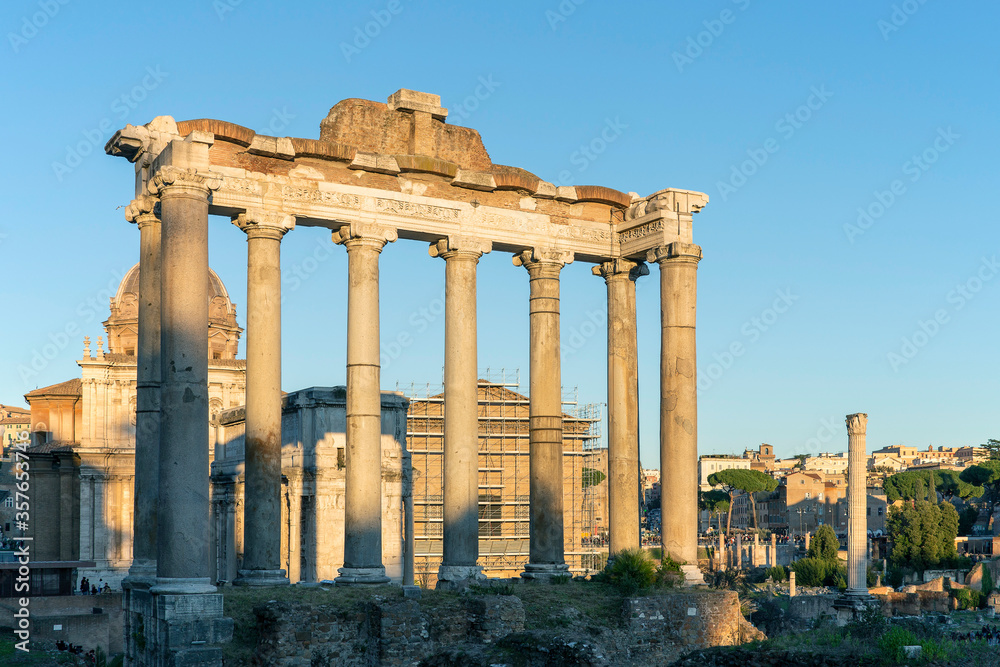 Ruins of Saturn Temple at Roman forum, Rome, Italy