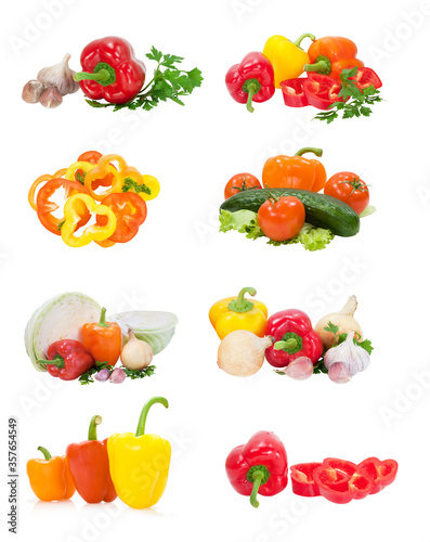 collection of peppers with vegetables isolated on white background