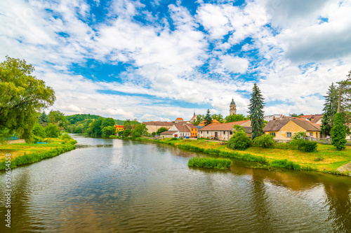 Panoramic view of Dolni Kounice city, South Moravia region, Czech republic. Small city with river in the middle. © Martin