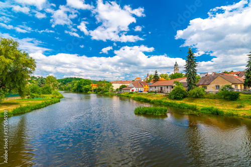 Panoramic view of Dolni Kounice city, South Moravia region, Czech republic. Small city with river in the middle.