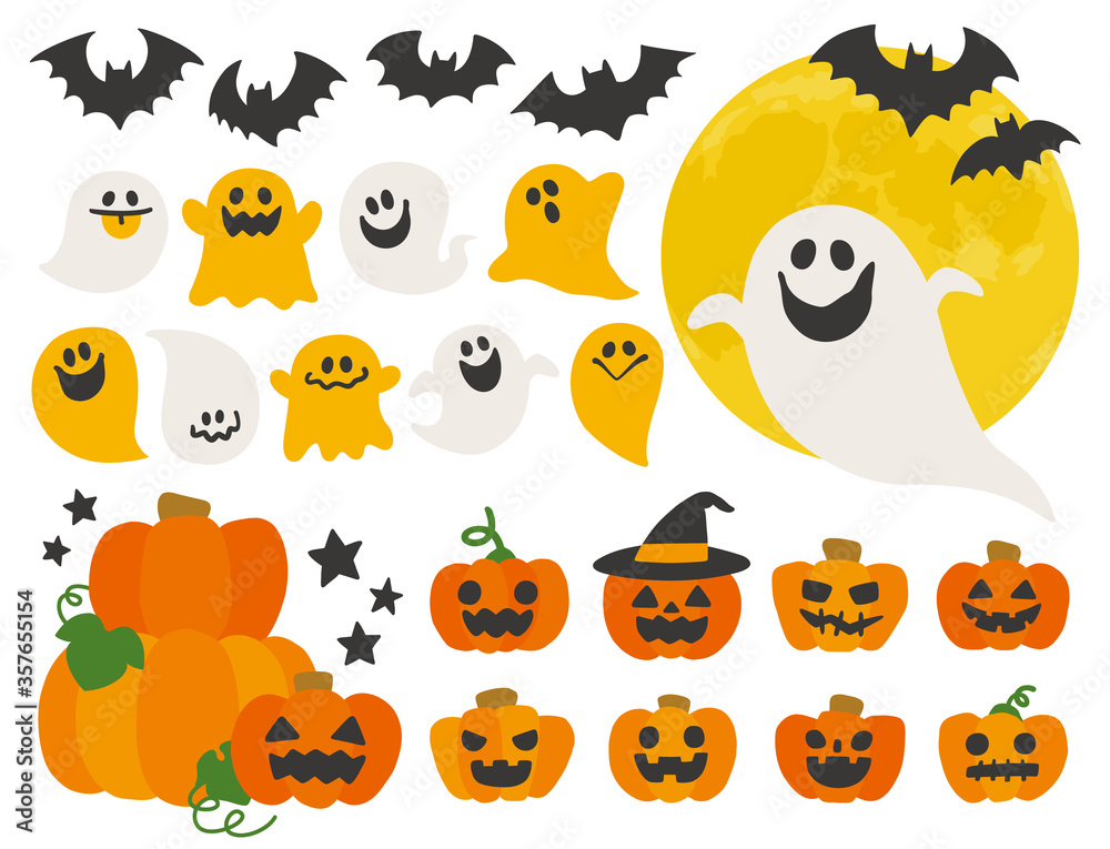 Naklejka premium ハロウィン カボチャ オバケ コウモリ イラスト セット