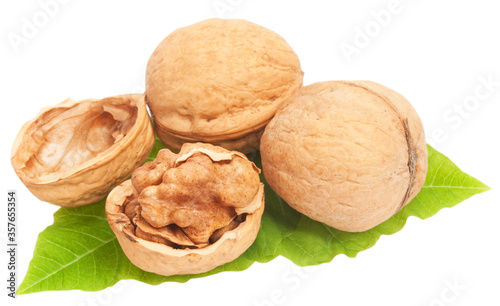 whole and cracked walnuts with kernel and green leaves on white background