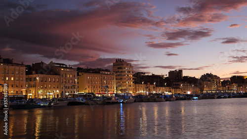 Sunset on the old harbor of Marseille, France
