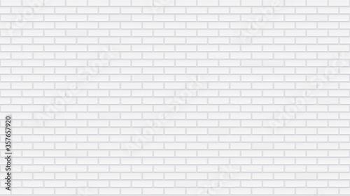 Seamless white brick wall. Detailed texture. Interior template with whitewashed bricks. Light gray repeated building surface. Modern loft style. Realistic vector wallpaper with 16:9 aspect ratio.