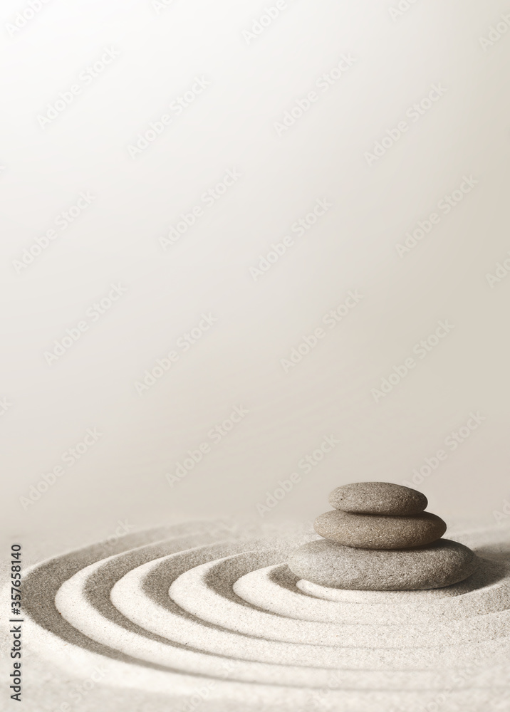 Japanese zen garden meditation stone, concentration and relaxation sand and rock for harmony and balance - obrazy, fototapety, plakaty 