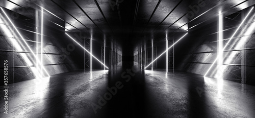 Sci Fi Retro Neon Alien White Triangle Glowing Laser Beams Lights Tunnel Corridor Hallway Gate Underground Warehouse Concrete Reflective Background 3D Rendering