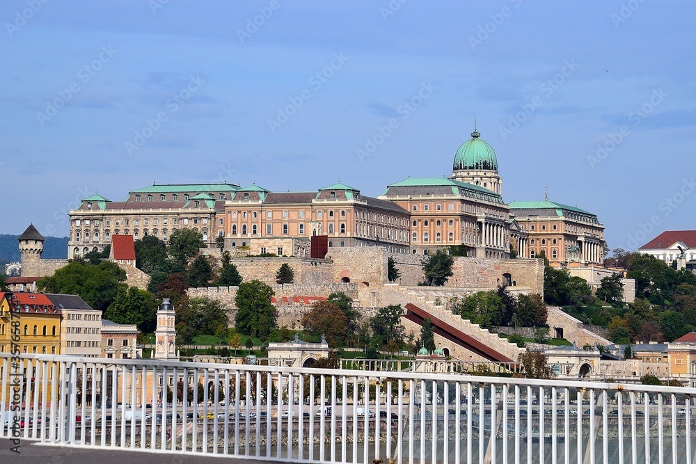 View of the Royal Castle in Budapest, towering over the Danube river