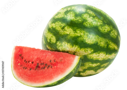 whole watermelon and segment isolated on white background