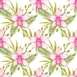 Orchid watercolor seamless pattern flower with areca palm leaves