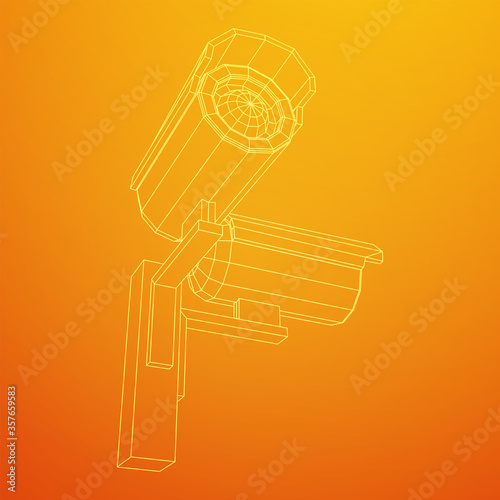 Modern video camera. Webcam viewing area. Safety, security concept. Wireframe low poly mesh vector illustration.