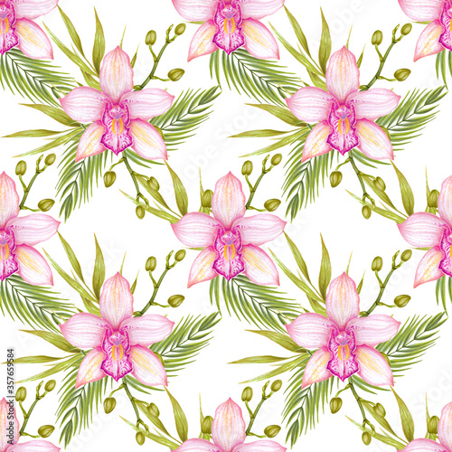 Orchid watercolor seamless pattern flower with areca palm leaves