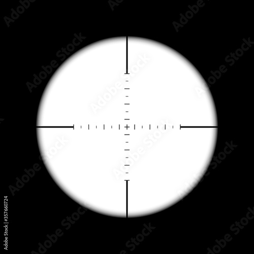 Sniper gun scope. Focus on target. Optical zoom in binocular with measuring scale. Vector illustration