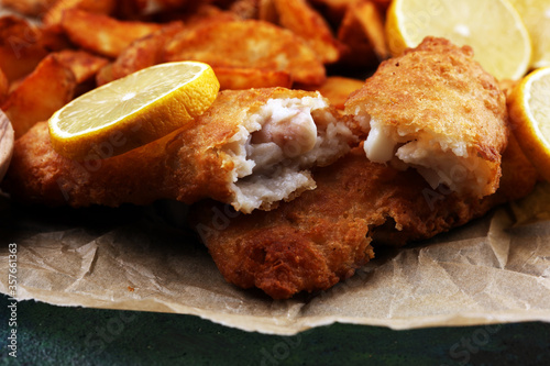 traditional British fish and chips consisting of fried fish, potato chips and mayonnaise