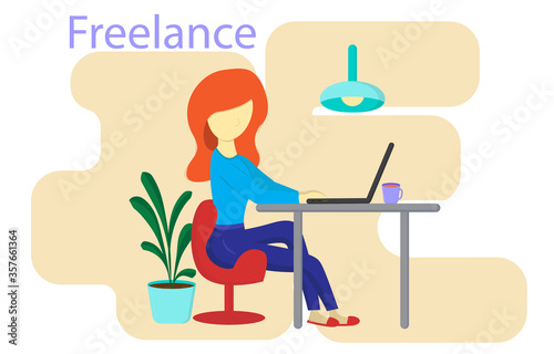 young girl freelancer at a table with a laptop works at home, vector illustration in a flat style, remote work, office at home